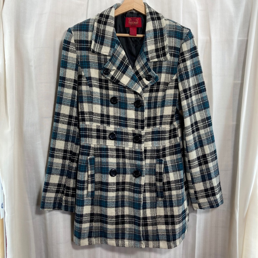 Y2K Paris Blues Plaid Double Breasted Wool Blend Peacoat Jacket Women's L Preppy
